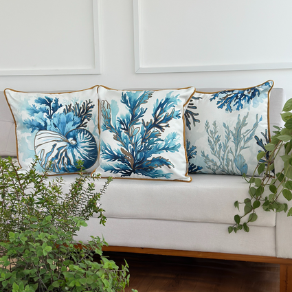 kit 3 capas almofadas mar em linhao branco com algas azuis