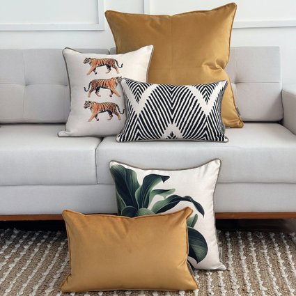 kit 5 capas almofadas linhao folhagem listras tigre e veludo mostarda