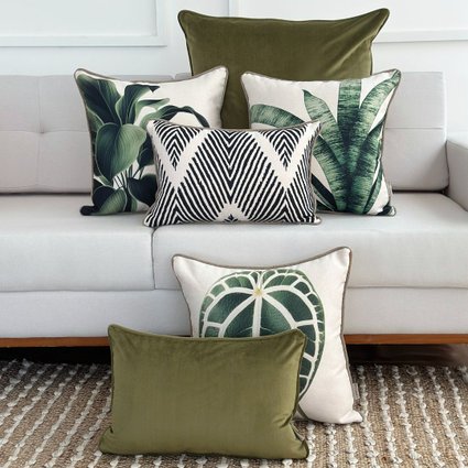 kit 6 capas almofadas linhao folhagens e veludo verde oliva