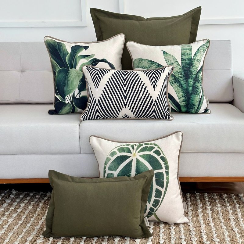 kit 6 capas almofadas linhao cru folhagens e linho verde