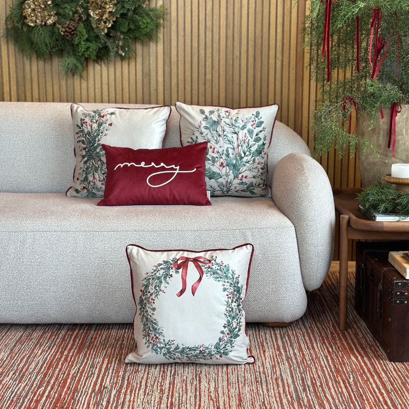 kit 4 capas almofadas natal veludo azevinho guirlanda e merry