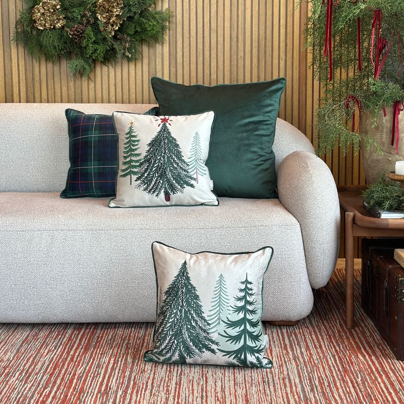 kit 4 capa almofadas natal veludo pinheiros xadrez e verde