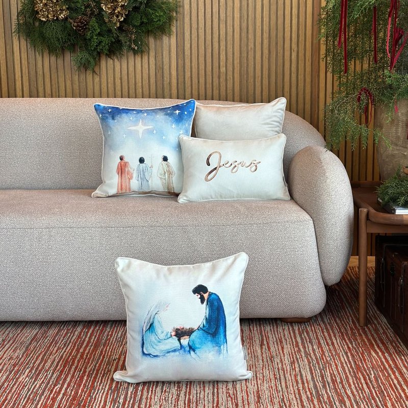 kit 4 capas almofadas natal linhao crista e veludo off white