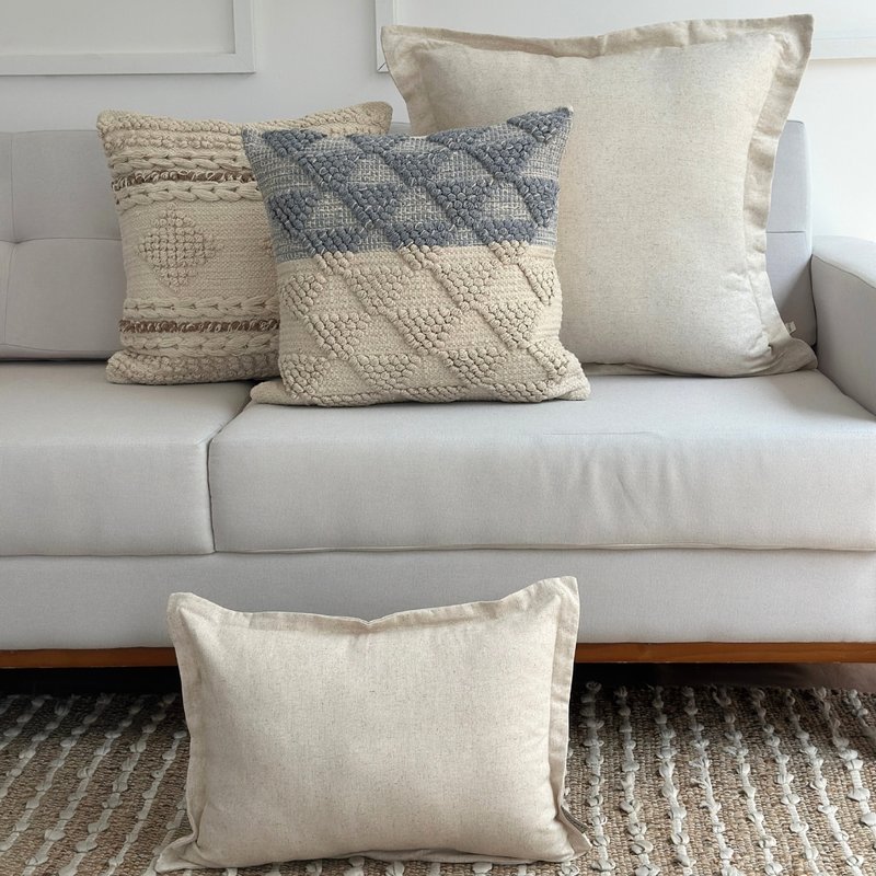 kit 4 capas almofadas artesanais azul e linho cru