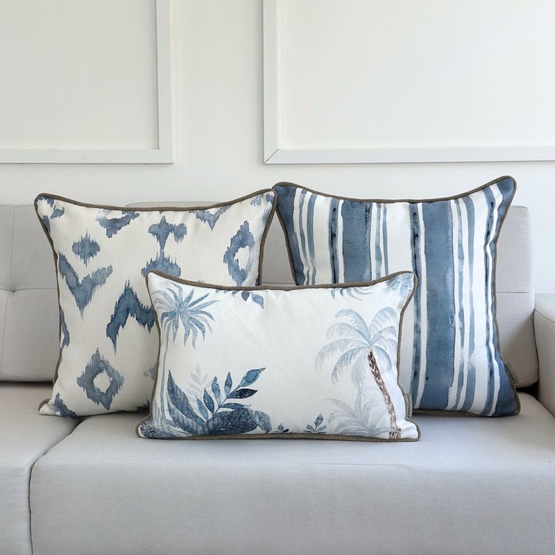 kit 3 capas almofadas linhao listras ikat geometrica azul e coqueiros