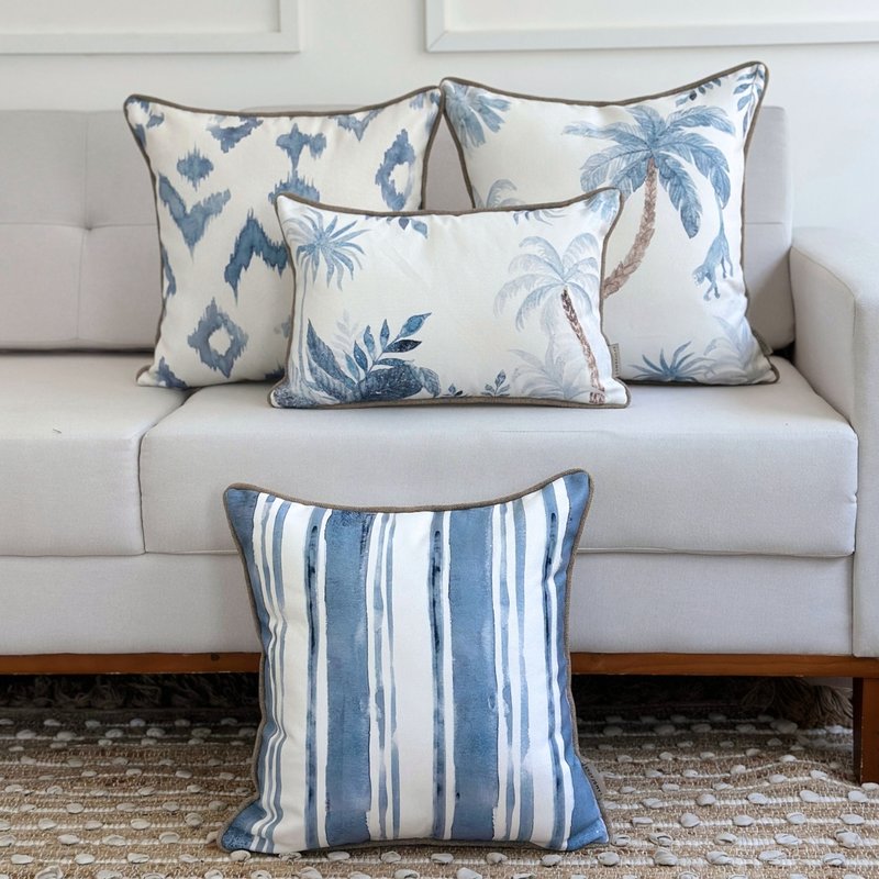 kit 4 capas almofadas linhao branco coqueiros listras e ikat geometrica azul