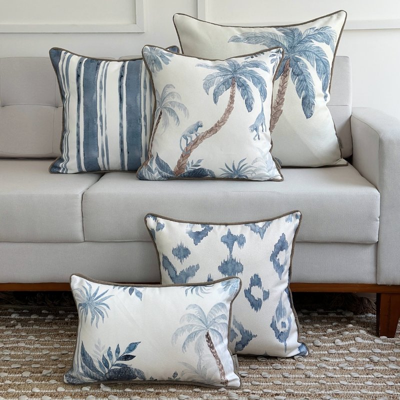 kit 5 capas almofadas linhao australia azul coqueiros listras e ikat