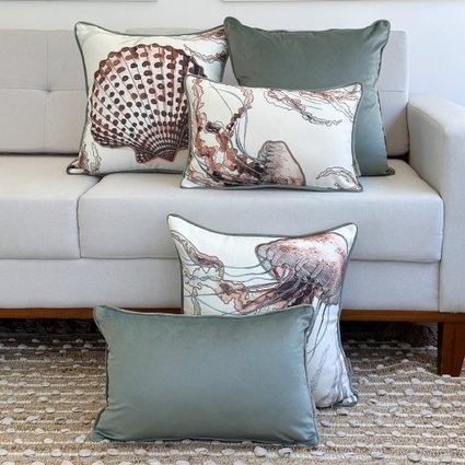 kit 5 capas almofadas linhao branco corais e mares e lisas verde claro