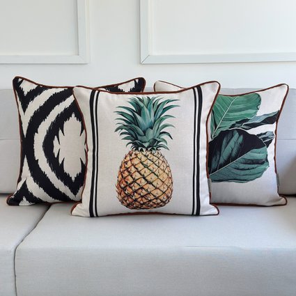 kit 3 capas almofadas abacaxi planta ficus e geometrica ikat