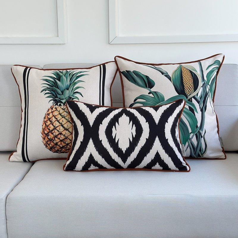 kit 3 capas almofadas linhao cru ikat costela de adao e abacaxi