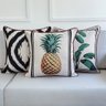 kit 3 capas almofadas linho cru abacaxi planta verde e ikat