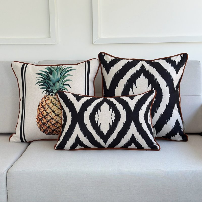 kit 3 capas de almofadas linhao cru ikat geometrica e abacaxi