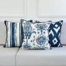 kit 3 capas almofadas linhao branco floral ikat geometrica e listra azul