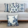 kit 4 capas almofadas linhao branco flores listra ikat floral azul
