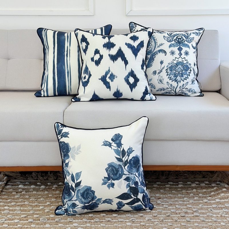 kit 4 capas almofadas linhao branco flores listra ikat floral azul