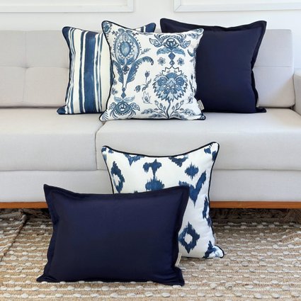 kit 5 capas almofadas linhao branco floral azul ikat listras e linho marinho