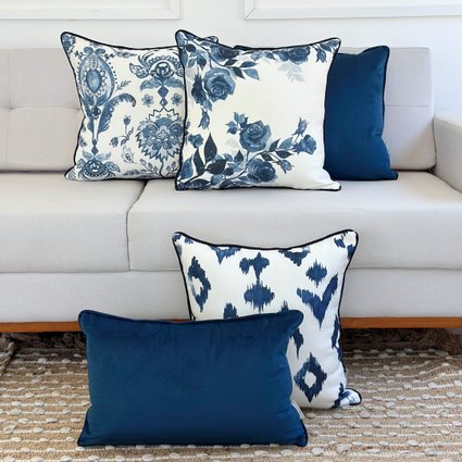 kit 5 capas almofadas linhao floral ikat geometrica e veludo azul