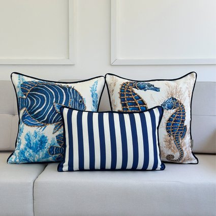 kit 3 capas almofadas linhao peixe cavalo marinho e listras