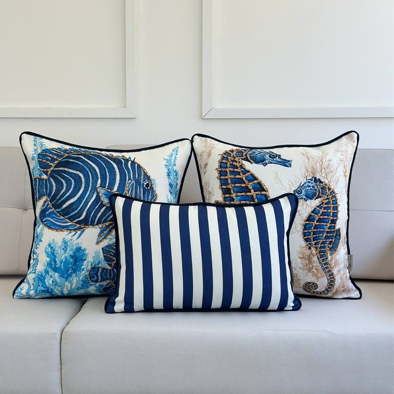 kit 3 capas almofadas linhao peixe cavalo marinho e listras