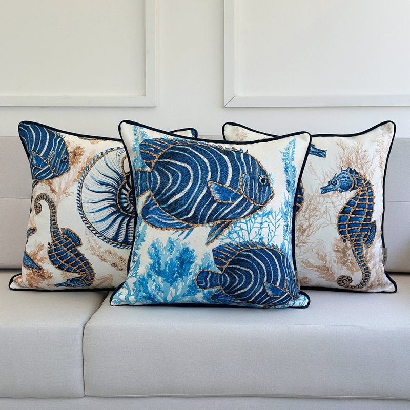 kit 3 capas almofadas sardenha fundo do mar peixe e cavalo marinho