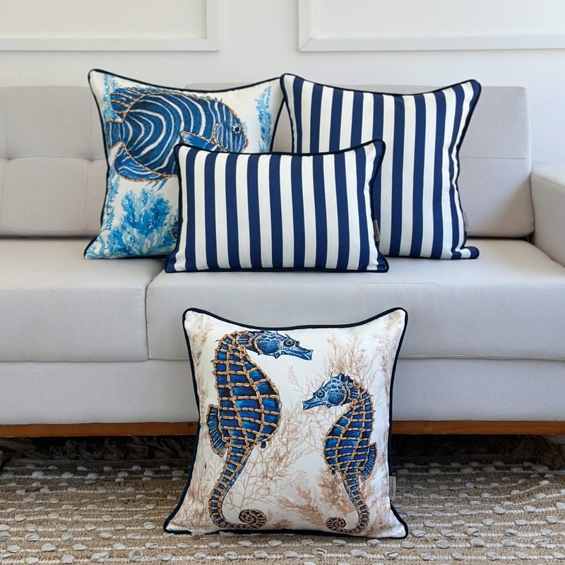 kit 4 capas almofadas linhao cavalo marinho peixes e listras azuis
