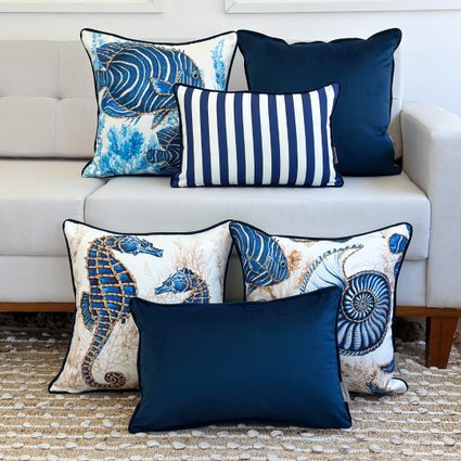 kit 6 capas almofadas linhao fundo do mar peixe cavalo marinho listras e veludo azul