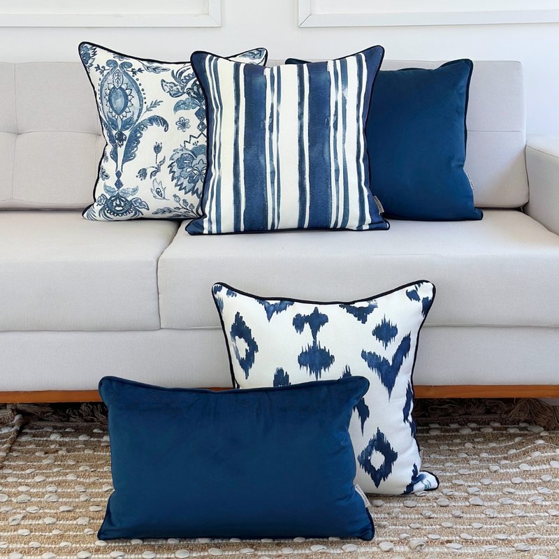 kit 5 capas almofadas linhao floral listras ikat e veludo azul